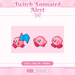 May include: Pink Twitch animated alert graphic featuring three pixelated characters. One character holds a blue flag. The text "Twitch Animated Alert" is at the top. The graphic is 1920 x 1080 px.