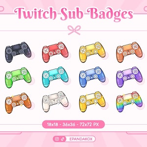 Puede incluir: Un conjunto de 12 insignias de suscripción de Twitch coloridas que presentan un mando de videojuego estilizado en varios colores, incluidos el negro, el rojo, el amarillo, el naranja, el verde, el azul, el morado, el marrón, el blanco, el dorado, el arcoíris y un diseño dorado brillante. Las insignias están disponibles en tres tamaños: 18x18 píxeles, 36x36 píxeles y 72x72 píxeles. El texto "Twitch-Sub-Badges" está en la parte superior de la imagen, y el texto "18x18 - 36x36 - 72x72 PX" está debajo de las insignias. El texto "@ EPANDAKOX" está en la parte inferior de la imagen.