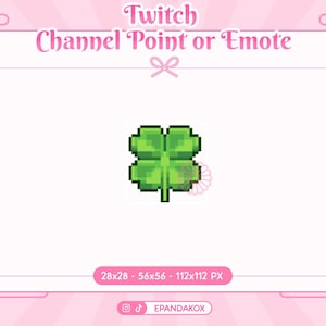 Puede incluir: Un emoticono de trébol de cuatro hojas de arte de píxeles verde para Twitch. El emoticono está disponible en cuatro tamaños: 28x28, 56x56, 112x112 píxeles.