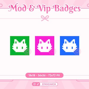 Puede incluir: Tres insignias de gato de pixel art en diferentes tamaños. Las insignias son verde, rosa y azul. El texto debajo de las insignias dice "18x18 - 36x36 - 72x72 PX".