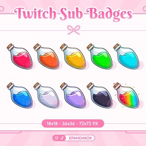 Puede incluir: Conjunto de 10 insignias de suscripción de Twitch de botellas de poción de colores en varios tamaños: 18x18, 36x36 y 72x72 píxeles. Las insignias presentan un estilo de dibujos animados con una botella de vidrio llena de líquidos y purpurina de diferentes colores.