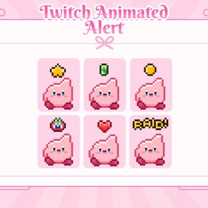 May include: Animated Twitch alerts featuring a pink character with different actions, including a star, a coin, a heart, a green gem, and the word "RAID!" in yellow.