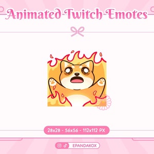 Op de afbeelding: Geanimeerde Twitch-emote met een cartoonhond met bruine vacht en grote bruine ogen, tegen een achtergrond van oranje en rode vlammen. De hond kijkt omhoog met een verraste uitdrukking en zijn mond staat open. De emote is beschikbaar in verschillende formaten, waaronder 28x28, 56x56 en 112x112 pixels.