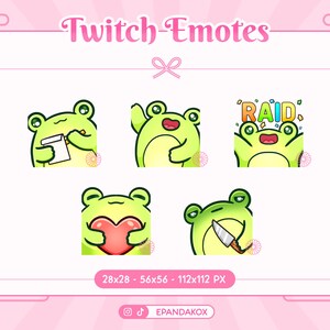 Puede incluir: Conjunto de cinco emotes de Twitch con una rana verde con diferentes expresiones. Los emotes incluyen una rana sosteniendo un bloc de notas y un lápiz, una rana con los brazos levantados, una rana con un corazón, una rana con un cuchillo y una rana con la palabra "RAID" encima.