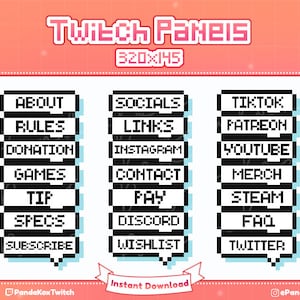 Retro information panels, 8 bit panels, Twitch pixel panels, Twitch decoration, Streaming panels, Profile panels, Twitch information panels.