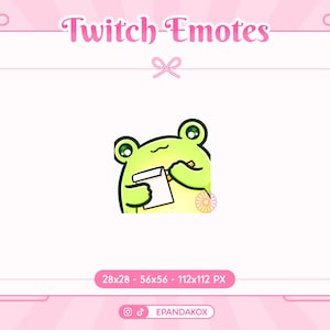 Puede incluir: Personaje de dibujos animados de rana verde sosteniendo un bloc de notas y un lápiz, con una flor amarilla detrás. La rana lleva una camisa verde claro y tiene un fondo verde claro. El texto "Twitch Emotes" está en la parte superior de la imagen.