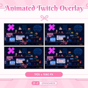 Puede incluir: Superposición animada de Twitch con un diseño pixelado que presenta un personaje sentado en un escritorio de computadora con una X rosa en la esquina. La superposición es de 1920 x 1080 píxeles.