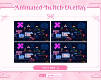 Könnte beinhalten: Animierter Twitch-Overlay mit einem Pixel-Design, das eine Figur zeigt, die an einem Computertisch sitzt, mit einem rosa X in der Ecke. Der Overlay ist 1920 x 1080 Pixel groß.