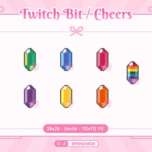 Puede incluir: Un conjunto de seis gemas de arte de píxeles en diferentes colores, que incluyen verde, azul, rojo, arcoíris, morado y naranja. Las gemas tienen forma de hexágono y un diseño pixelado. El texto "Twitch-Bit/-Cheers" está en la parte superior de la imagen, y el texto "28x28 - 56x56 - 112x112 PX" está en la parte inferior de la imagen.