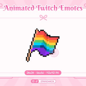 Può includere: Grafica di emote animate di Twitch con un design a bandiera arcobaleno pixelato. L'immagine include il testo "Animated Twitch Emotes" in rosa, insieme alle informazioni sulle dimensioni in pixel. Lo sfondo è rosa chiaro con elementi decorativi.