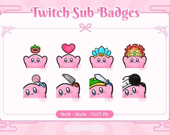 May include: A set of eight pink Twitch sub badges featuring a cartoon character with different accessories. The badges are in various sizes, including 18x18, 36x36, and 72x72 pixels.