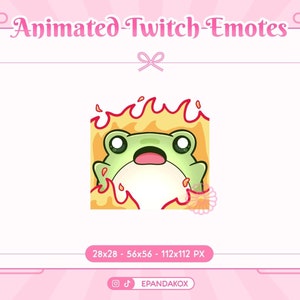 May include: Animated Twitch emote of a green frog with a surprised expression, engulfed in flames. The frog is in a square frame with a yellow background and red flames. The text "Animated Twitch Emotes" is at the top of the image.