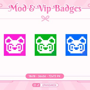 Puede incluir: Insignias de panda pixeladas en rosa, verde y azul. El texto "Mod & VIP Badges" está en la parte superior, con las dimensiones en píxeles debajo. El fondo es rosa claro con elementos decorativos.
