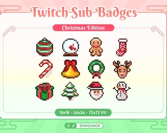 May include: A collection of pixelated Christmas-themed Twitch sub-badges. The badges include a Christmas ornament, snow globe, gingerbread man, stocking, candy cane, bell, wreath, reindeer, gift, Christmas tree, Santa, and snowman. Text reads "Twitch Sub-Badges Christmas Edition".