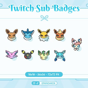 Può includere: Un set di nove badge di abbonamento Twitch in pixel art con diversi personaggi Pokémon. I badge sono di vari colori, tra cui rosa, blu, giallo e arancione. I badge sono progettati in un formato di 18x18, 36x36 e 72x72 pixel.