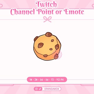 Puede incluir: Una ilustración de dibujos animados de una galleta amarilla con chispas de chocolate. La galleta tiene una flor rosa en el lateral. La imagen es para un punto de canal de Twitch o un emoticono.