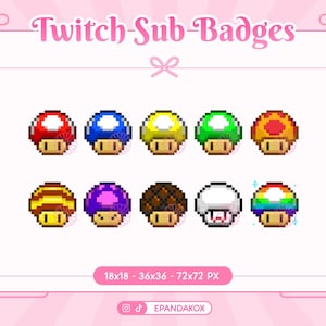 Pixel Mushroom Badges for Twitch, Mario Bros badges, Mario Bros Mushroom Badges, Pixel Badges, 8 Bit Sub Badges, Pixel Mario Bros Sub badges