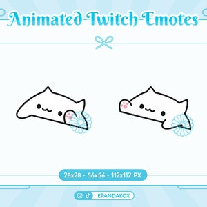 Puede incluir: Emotes animados de Twitch de un gato blanco con patas rosas, saludando con una flor azul. Los emotes están disponibles en 28x28, 56x56 y 112x112 píxeles. El texto "Animated Twitch Emotes" y "EPANDAKOX" también es visible.