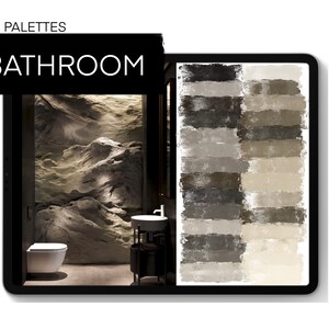 May include: A bathroom interior design color palette featuring a variety of gray and brown shades. The palette is displayed on a tablet screen with a photo of a modern bathroom with a textured stone wall.