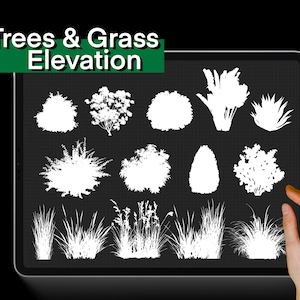 K&ouml;nnte beinhalten: Ein digitaler Tablet-Bildschirm zeigt wei&szlig;e Silhouetten verschiedener B&auml;ume und Gr&auml;ser auf einem schwarzen Gitterhintergrund. Der Text "Trees & Grass Elevation" wird oben auf dem Bildschirm angezeigt.