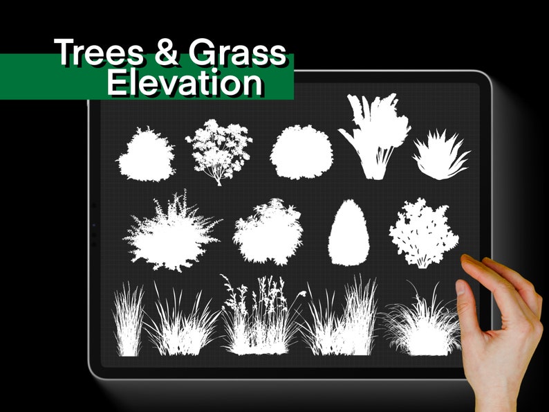 K&ouml;nnte beinhalten: Ein digitaler Tablet-Bildschirm zeigt wei&szlig;e Silhouetten verschiedener B&auml;ume und Gr&auml;ser auf einem schwarzen Gitterhintergrund. Der Text "Trees & Grass Elevation" wird oben auf dem Bildschirm angezeigt.