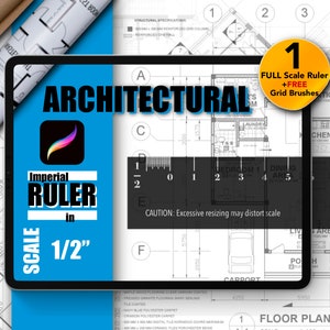 May include: A blue tablet screen displaying a digital ruler app for architects. The app is called "Imperial Ruler in Scale 1/2" and features a floor plan with a ruler and the text "ARCHITECTURAL".