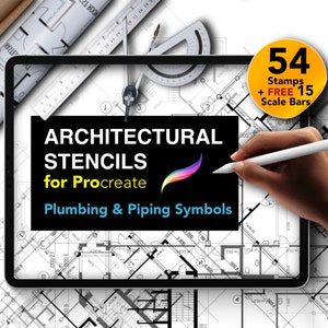 54 Architectural Stencils for Procreate | Plumbing & Piping Symbols for Floor Plans  | PLUS Free Scale Bars!
