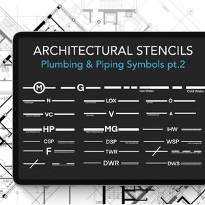 May include: A digital tablet screen displaying a black and white chart of plumbing and piping symbols. The chart is titled "Architectural Stencils Plumbing & Piping Symbols pt.2". The symbols are labeled with abbreviations such as "M", "G", "LOX", "V", "HP", "MG", "CSP", "DSP", "TWR", "DWR", "F", "IHW", "WSP", "DWS", and "N".