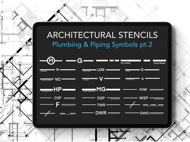 May include: A digital tablet screen displaying a black and white chart of plumbing and piping symbols. The chart is titled "Architectural Stencils Plumbing & Piping Symbols pt.2". The symbols are labeled with abbreviations such as "M", "G", "LOX", "V", "HP", "MG", "CSP", "DSP", "TWR", "DWR", "F", "IHW", "WSP", "DWS", and "N".