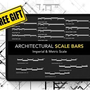 May include: A digital tablet displaying a set of architectural scale bars in both imperial and metric units. The scale bars are labeled with their corresponding ratios, such as 1:200, 1:500, and 1:1000. The tablet is positioned on top of a blueprint.