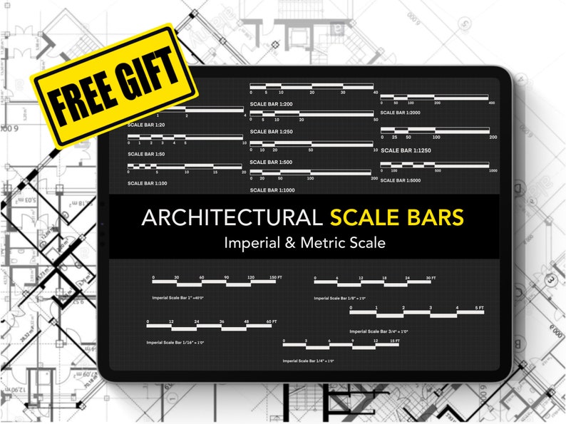 May include: A digital tablet displaying a set of architectural scale bars in both imperial and metric units. The scale bars are labeled with their corresponding ratios, such as 1:200, 1:500, and 1:1000. The tablet is positioned on top of a blueprint.