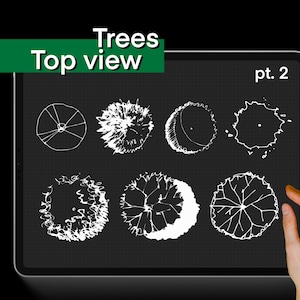 K&ouml;nnte beinhalten: Eine digitale Zeichnung von acht verschiedenen Baumkronenansichten auf einem schwarzen Gitterhintergrund. Die Zeichnung befindet sich auf einem Tablet-Bildschirm mit den Worten "Trees Top view pt. 2" oben auf dem Bildschirm.