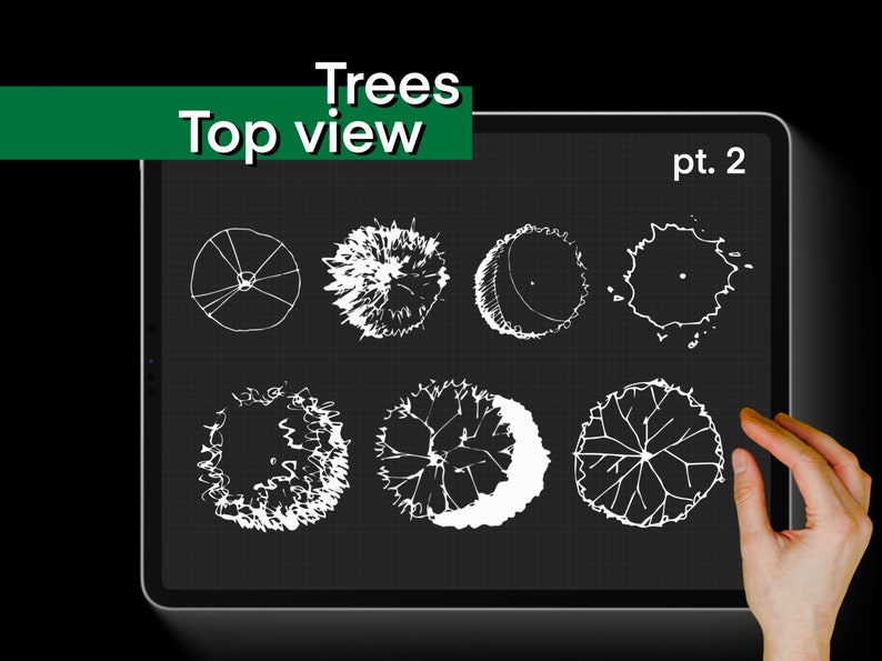 K&ouml;nnte beinhalten: Eine digitale Zeichnung von acht verschiedenen Baumkronenansichten auf einem schwarzen Gitterhintergrund. Die Zeichnung befindet sich auf einem Tablet-Bildschirm mit den Worten "Trees Top view pt. 2" oben auf dem Bildschirm.