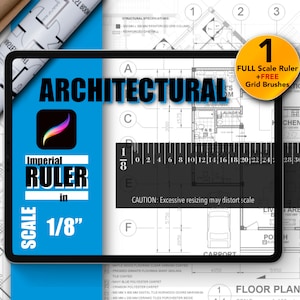 May include: A blue tablet screen displaying a digital architectural ruler with a scale of 1/8 inch. The ruler is labeled "Imperial Ruler" and is set against a blueprint background. The text "ARCHITECTURAL" is displayed in large, bold letters at the top of the screen. The text "CAUTION: Excessive resizing may distort scale" is displayed below the ruler.