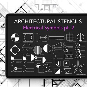 May include: A black and white digital tablet displaying a set of electrical symbols for architectural drawings. The symbols include a ceiling fan, a light switch, a TV point, and a fluorescent strip light. The text on the tablet reads "ARCHITECTURAL STENCILS Electrical Symbols pt. 2".