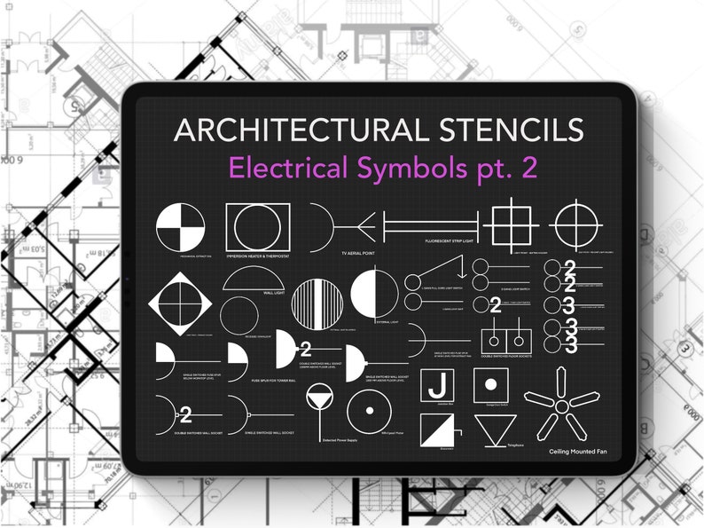 May include: A black and white digital tablet displaying a set of electrical symbols for architectural drawings. The symbols include a ceiling fan, a light switch, a TV point, and a fluorescent strip light. The text on the tablet reads "ARCHITECTURAL STENCILS Electrical Symbols pt. 2".