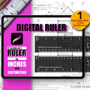 May include: A pink tablet screen displaying a digital ruler app with the text "2 scale in 1 RULER in INCHES and CENTIMETERS". The app shows a black ruler with inch and centimeter markings. The tablet is on a white background with a blueprint design.