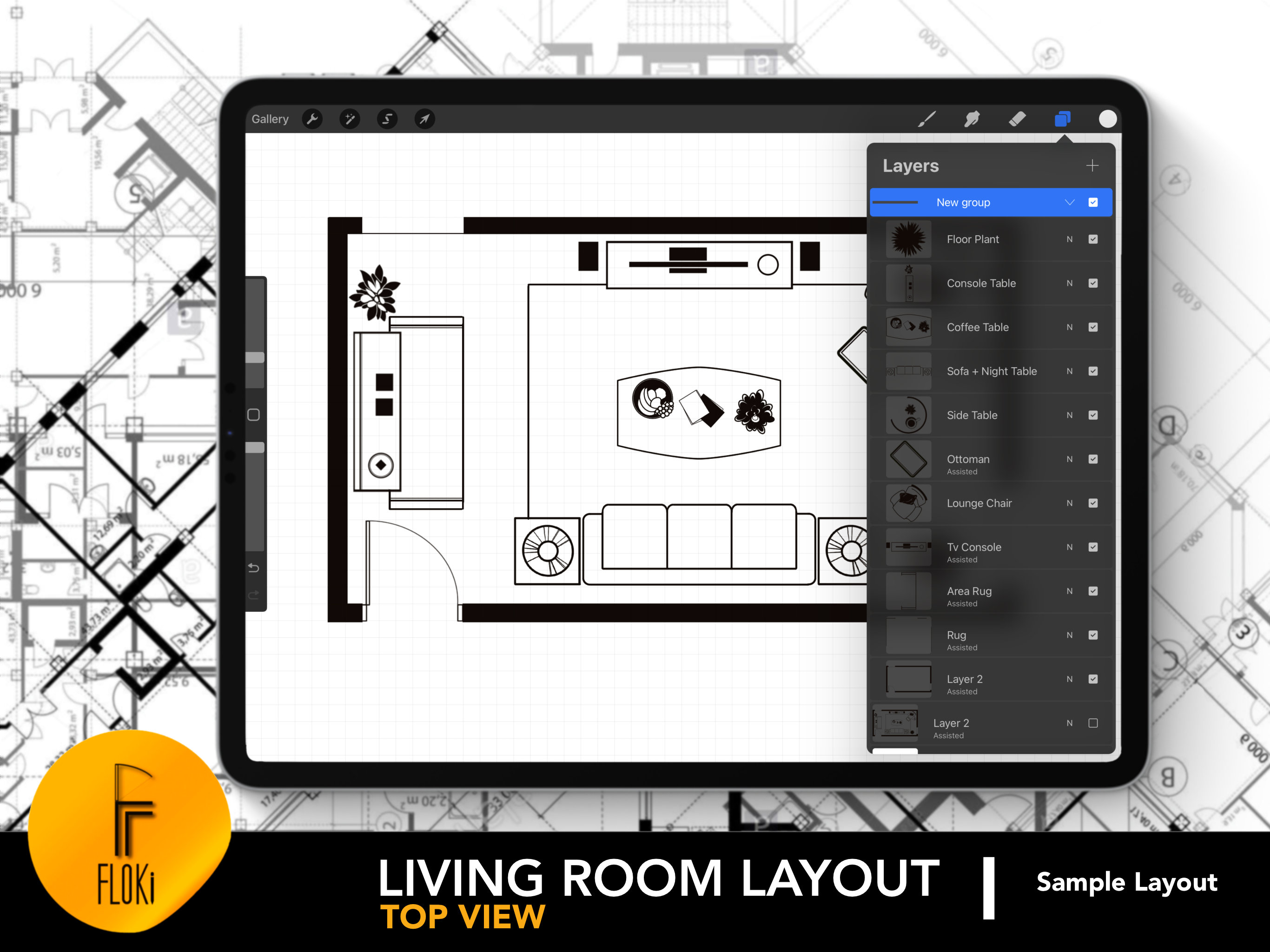 Architectural Living Room Layout for Procreate | Living Room Design 12 ...