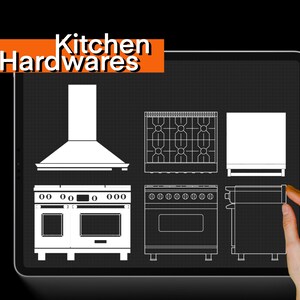 May include: A digital drawing of kitchen hardware on a black and white grid background. The drawing includes a range hood, a double oven, a stovetop, and a microwave. The text "Kitchen Hardwares" is at the top of the image.