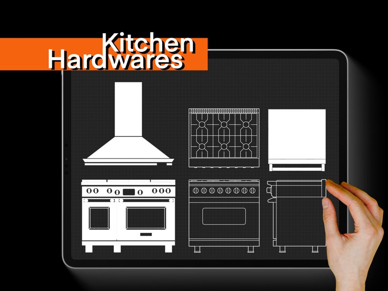 May include: A digital drawing of kitchen hardware on a black and white grid background. The drawing includes a range hood, a double oven, a stovetop, and a microwave. The text "Kitchen Hardwares" is at the top of the image.