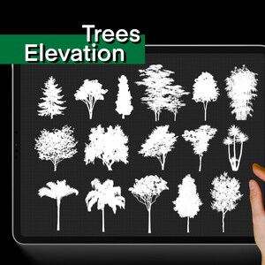 K&ouml;nnte beinhalten: Eine digitale Illustration von 15 verschiedenen Baum-Silhouetten auf einem schwarz-wei&szlig;en Gitterhintergrund. Der Titel "Trees Elevation" wird oben im Bild angezeigt.