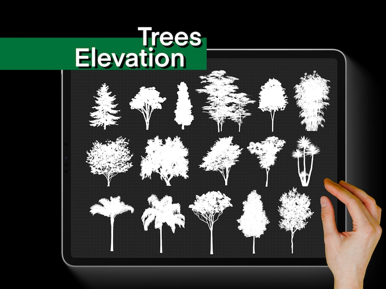 K&ouml;nnte beinhalten: Eine digitale Illustration von 15 verschiedenen Baum-Silhouetten auf einem schwarz-wei&szlig;en Gitterhintergrund. Der Titel "Trees Elevation" wird oben im Bild angezeigt.