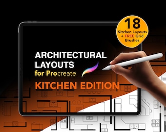 18 Architectural Layouts for Procreate | Kitchen Edition - Editable Layouts | PLUS Free Grid Brushes!