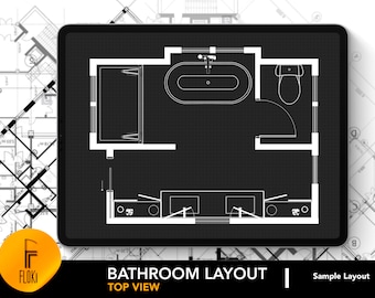 May include: A black and white top view blueprint of a bathroom layout. The blueprint shows a bathtub, toilet, sink, and shower. The text "Bathroom Layout" and "Top View" is displayed below the blueprint.