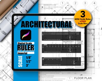 Procreate Architectural Rulers | SET OF 3 MINI Imperial/English Scale Rulers | 1/8", 1/2" & 3" Inches | Transparent Black | Free Scale Bars!