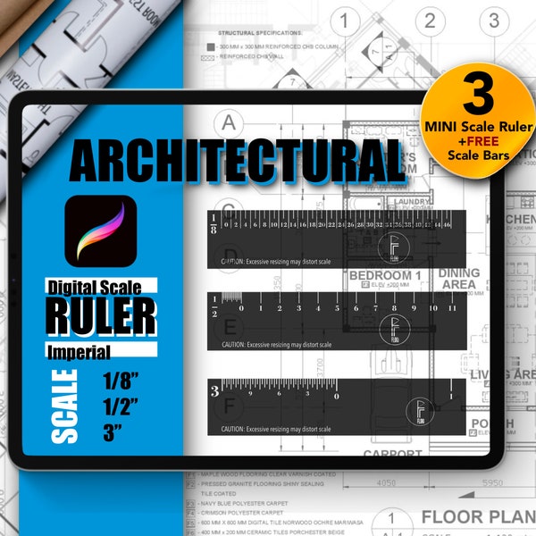 Procreate Architectural Rulers | SET OF 3 MINI Imperial/English Scale Rulers | 1/8", 1/2" & 3" Inches | Transparent Black | Free Scale Bars!