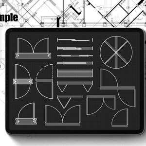 May include: A black tablet screen displaying a variety of white line drawings of different door and window shapes on a gray grid background. The tablet is on a white surface.