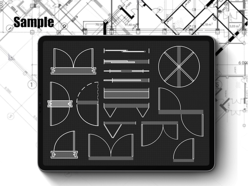 May include: A black tablet screen displaying a variety of white line drawings of different door and window shapes on a gray grid background. The tablet is on a white surface.
