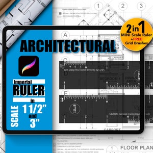 May include: A blue tablet screen displaying a digital ruler with the text "Architectural" and "Imperial Ruler in 1 1/2" and 3" scale". The tablet is on top of a blueprint with the text "Floor Plan" and "Caution: Excessive resizing may distort scale".