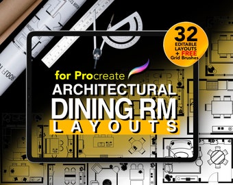 May include: A digital tablet screen displaying 32 editable dining room layouts for Procreate, with a yellow circle in the corner that says "32 Editable Layouts + Free Grid Brushes".